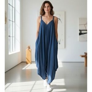 Hammer Time Womens Jumpsuit OS Chambray Blue Rekaxed Wide Leg Retro 80s 90s